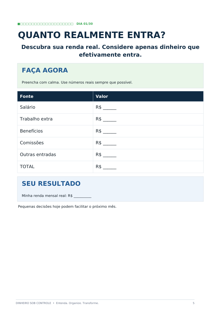 Página interna do Dinheiro Sob Controle
